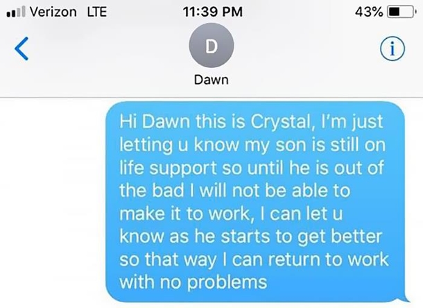 Mom Calls Out Of Work To Help Son On Life Support, Gets Fired By Her Boss In A Text Message Because Of It - picture 4