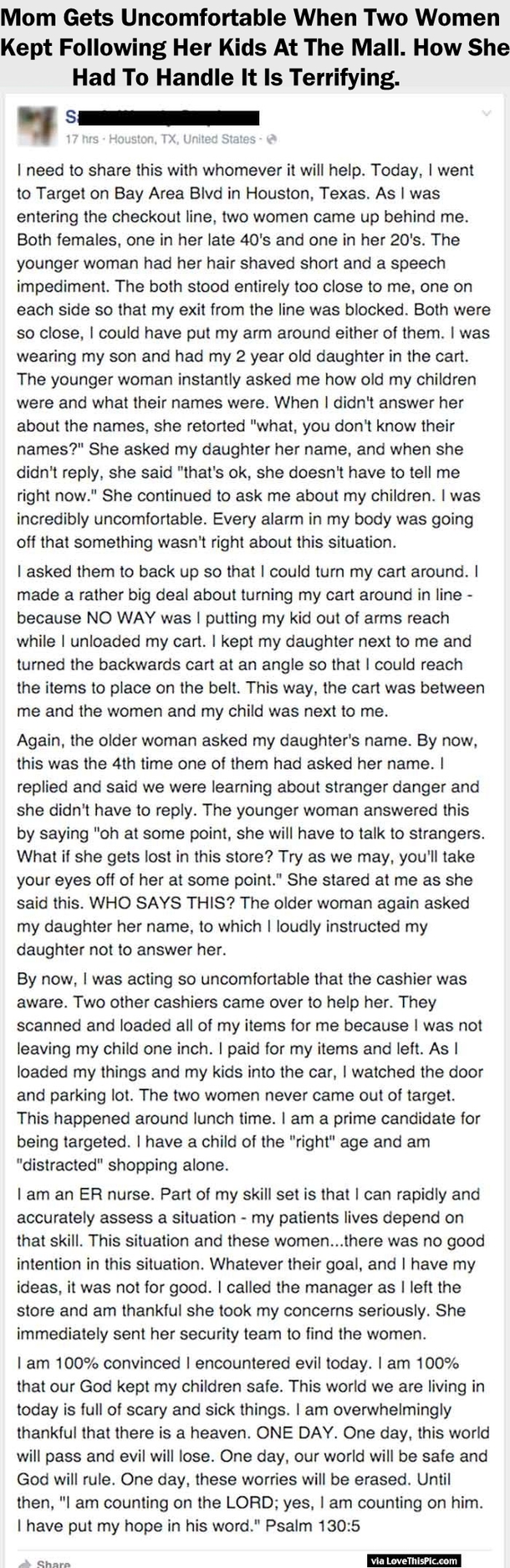 Mom Gets Uncomfortable When Two Women Kept Following Her Kids At The Mall. How She Had To Handle It Is Terrifying.