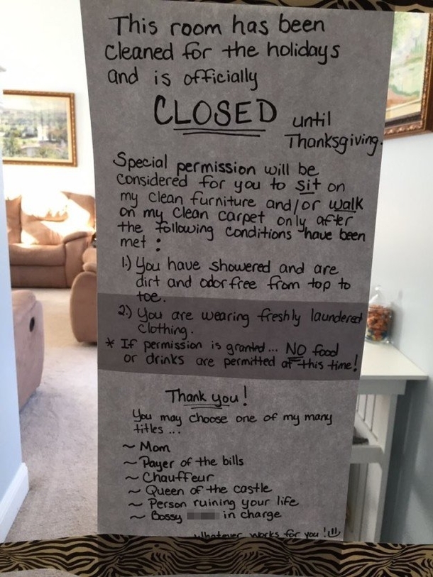 Mom Shuts Down Living Room And Posts Note - Leaving It Completely Off Limits To Keep It Spotless For Thanksgiving - picture 3