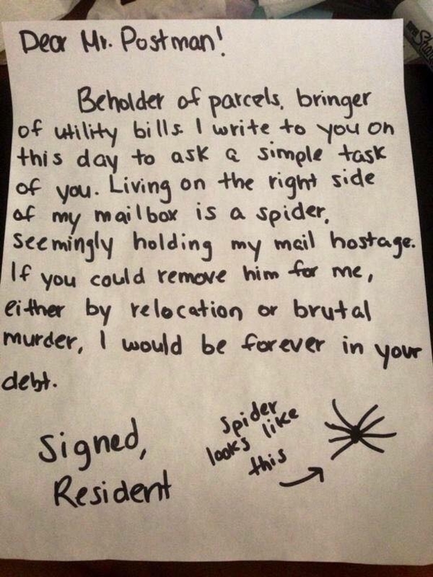 Postman Receives A Note Asking Him To Get Rid Of A Spider In The Mailbox - picture 3