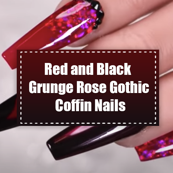Red and Black Grunge Rose Gothic Coffin Nails