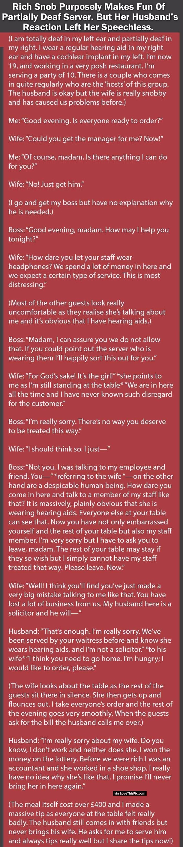 Rich Snob Purposely Makes Fun Of Partially Deaf Server But Her Husband’s Reaction Left Her Speechless.