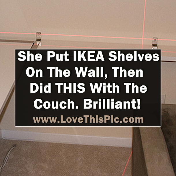 She Hangs A Few IKEA Shelves On The Wall, Then She Did THIS With The Couch. Brilliant!