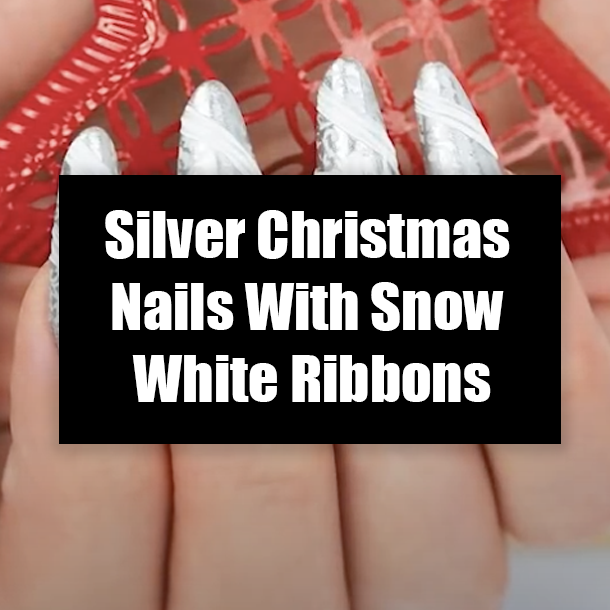 Silver Christmas Nails With Snow White Ribbons
