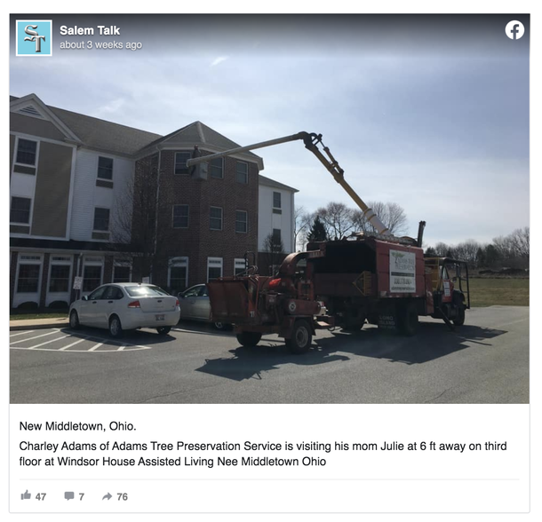 Son visits 80-year-old quarantined mom on 3rd floor of nursing home in company's truck - picture 2