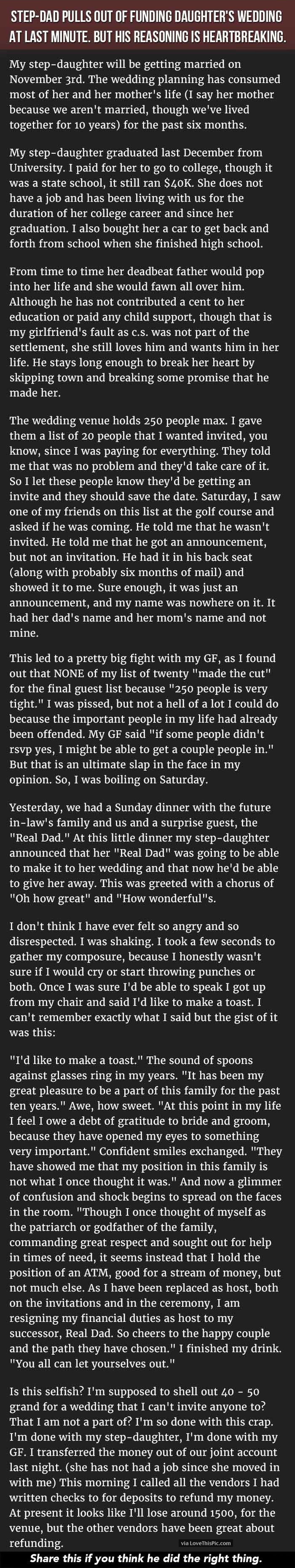 Step-Father Pulls Out Of Funding Daughter’s Wedding At Last Minute But His Reasoning Is Heartbreaking