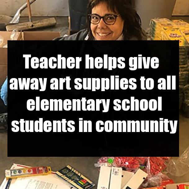 Teacher helps give away art supplies to all elementary school students in community
