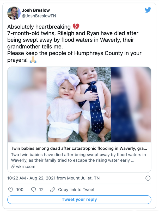 The bodies of twins babies that were swept away in Tennessee flood waters have been found – rest in peace - picture 2