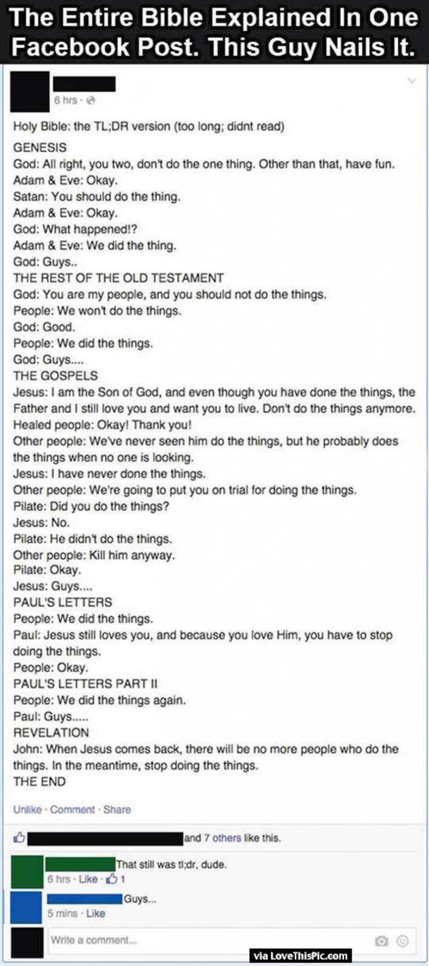 The Entire Bible Explained In One Facebook Post. This Guy Nails It.