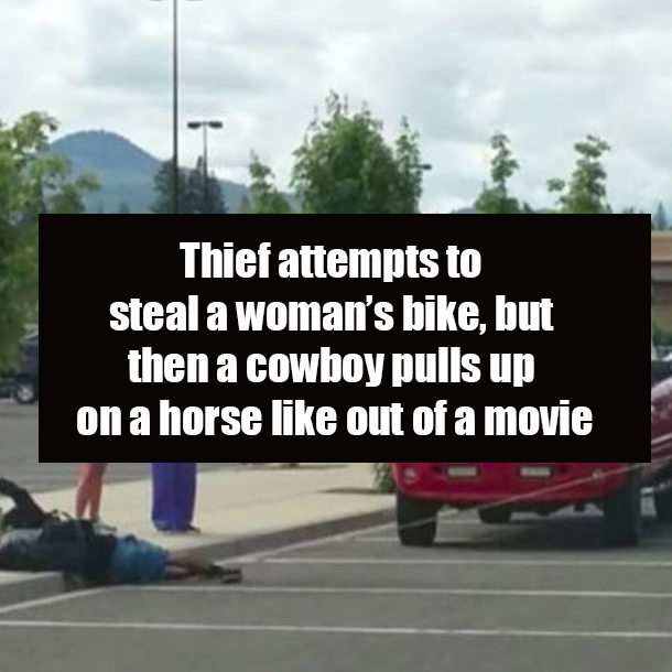 Thief attempts to steal a woman’s bike, but then a cowboy pulls up on a horse like out of a movie