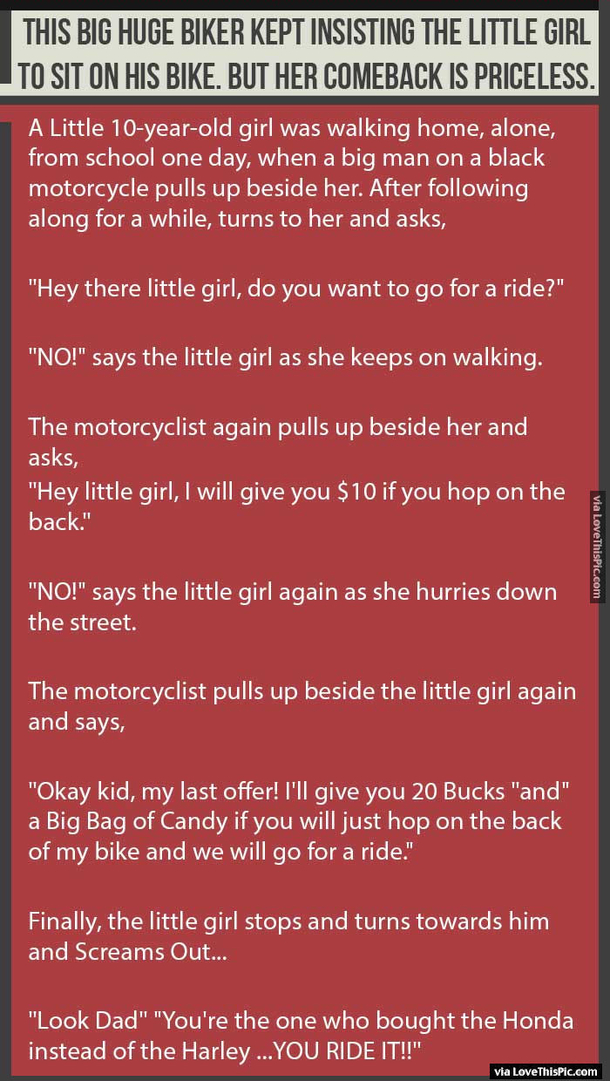 This Big Huge Biker Kept Insisting The Little Girl Sit On His Bike But Her Comeback Is Priceless