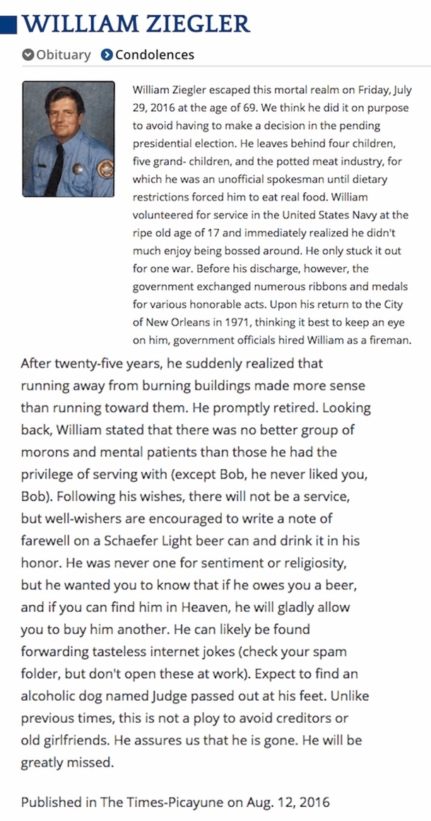 This Fireman's Funny Obituary Is How All Obituaries Should Be Written - picture 3