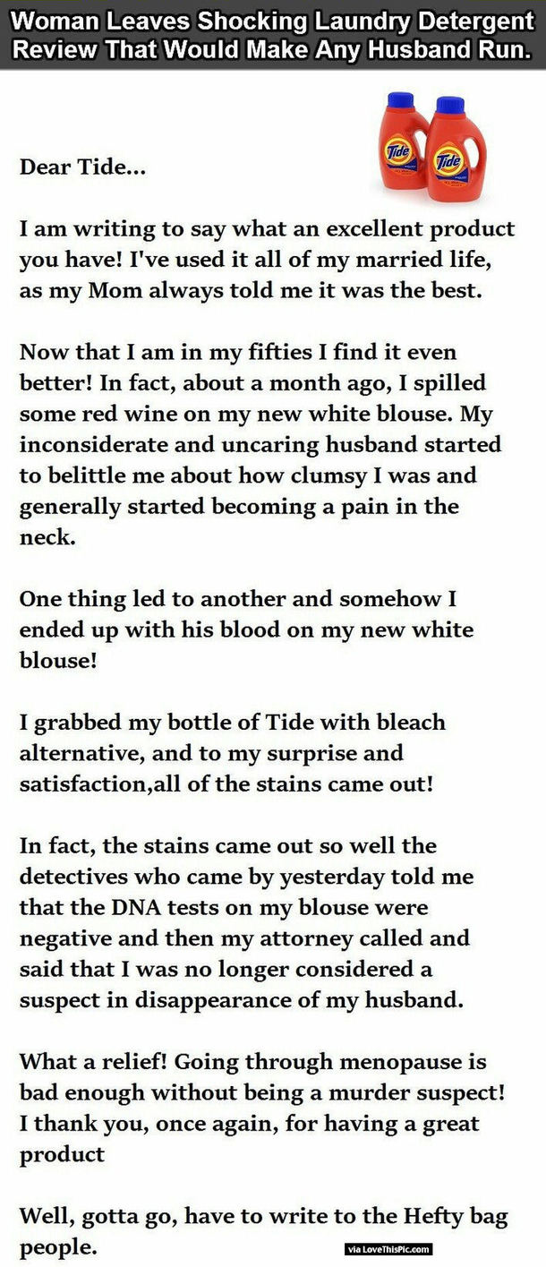 This Woman Leaves A Shocking Review For Laundry Detergent That Would Make Any Husband Run