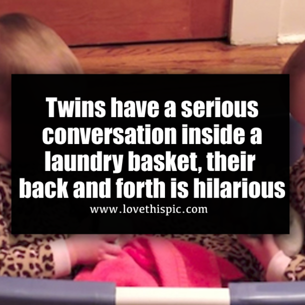 Twins have a serious conversation inside a laundry basket, their back and forth is hilarious