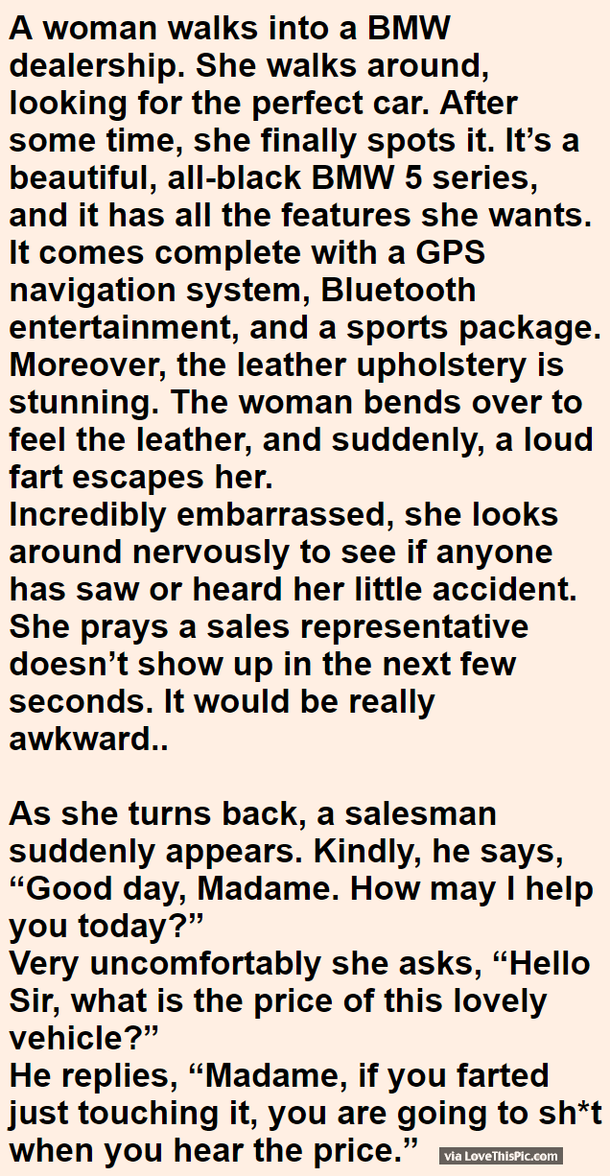 Woman Is Highly Embarrassed After She Farts At A BMW Dealership. Then A Sales Rep Says THIS!