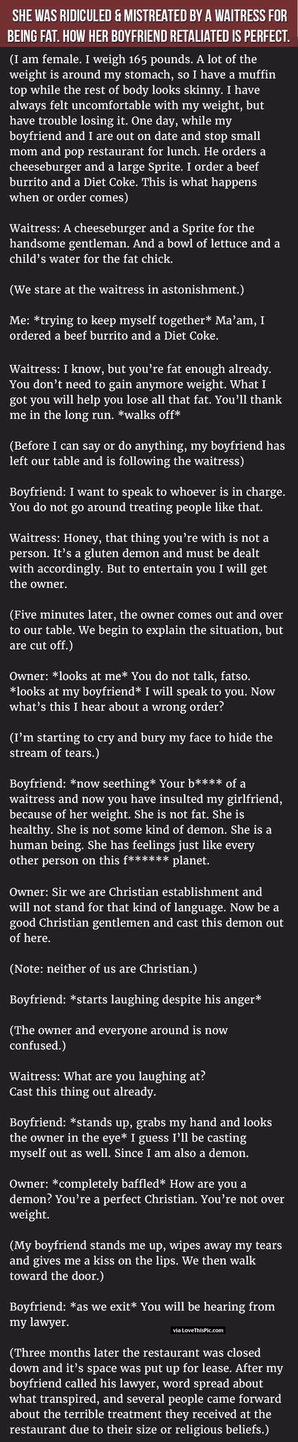 Woman Is Ridiculed & Mistreated By A Waitress For Being Fat. How Her Boyfriend Retaliated Is Perfect.