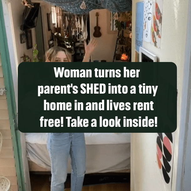 Woman turns her parent's SHED into a tiny home in and lives rent free! Take a look inside!