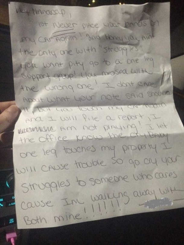 Woman With Prosthetic Leg Receives A Shocking Note From Her Neighbor - picture 2