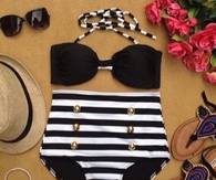 Black & White Striped High Waist Vintage Bikini
