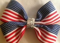 BOW TIE  AMERICAN FLAG  SILVER GLITTERED CENTER Double Bow 