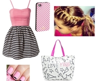 Cute Pink & Black & White Summer Dress with Accessories