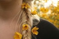 Blue flowers in her hair