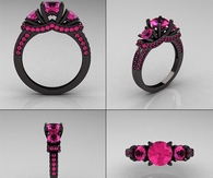 Three diamonds black gold plated ring, pink one