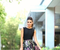 Dressy Floral Midi Skirt with Pink High Heels