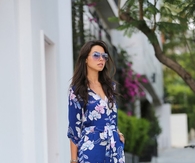 Blue Hawaiian Print Romper with White Strappy Heels