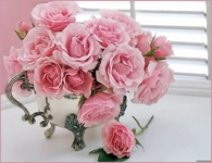 Soft Pink Roses in Silver Kettle