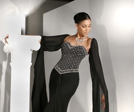 Elegant Black Beaded Strapless Gown With Long Sheer Sleeves
