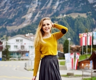 Short Pleated Skirt with Tights & Camel Colored Sweater