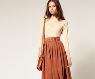Belted Midi Skirt with Brown Boots & Cream Top
