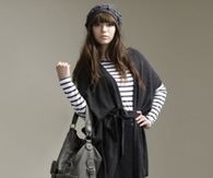 Cardigan with Short Skirt, Short Boots, Striped Top and Beanie