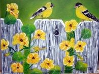 Oil Painting of Birds on Fence with Flowers