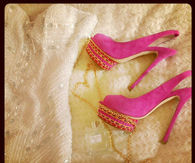 White Beaded Dress with Pink Platform Slingback Pumps