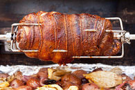 Mediterranean Rotisserie Leg of Lamb with Potatoes, Fennel, and Olives Recipe