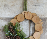 Wood slice and burlap christmas wreath