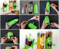 Monster pencil holders using shampoo bottles