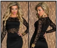 Short Black Party Dress with Lace Sleeves and Midrift