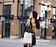 Thigh High Black Boots with Mini Skirt & Leather Jacket