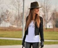 Black Leather Pants with Pumps, Short Jacket, T-shirt & Hat