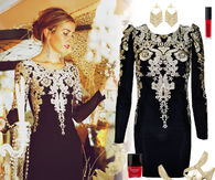 Elegant Black Mini Dress with Gold & White Sequins Ensemble