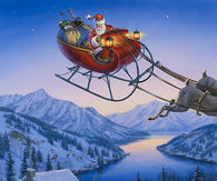 Santa's Sleigh Flying Over Winter Cabin - Darrel Bush