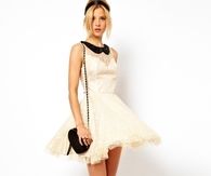 Vintage White Dress with Tulle Skirt and Black Collar