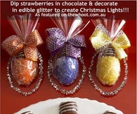 Chocolate Covered Strawberries dipped in Glitter to Create Christmas Lights