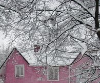 Pink House in Winter Snow