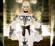 Black & White Satin Dress with Sash and Flared Sleeves