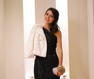 Off Shoulder Black Glitter Dress with Short White Jacket
