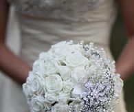 Gorgeous White Rose Embellished with Diamond Brooch Bouquet